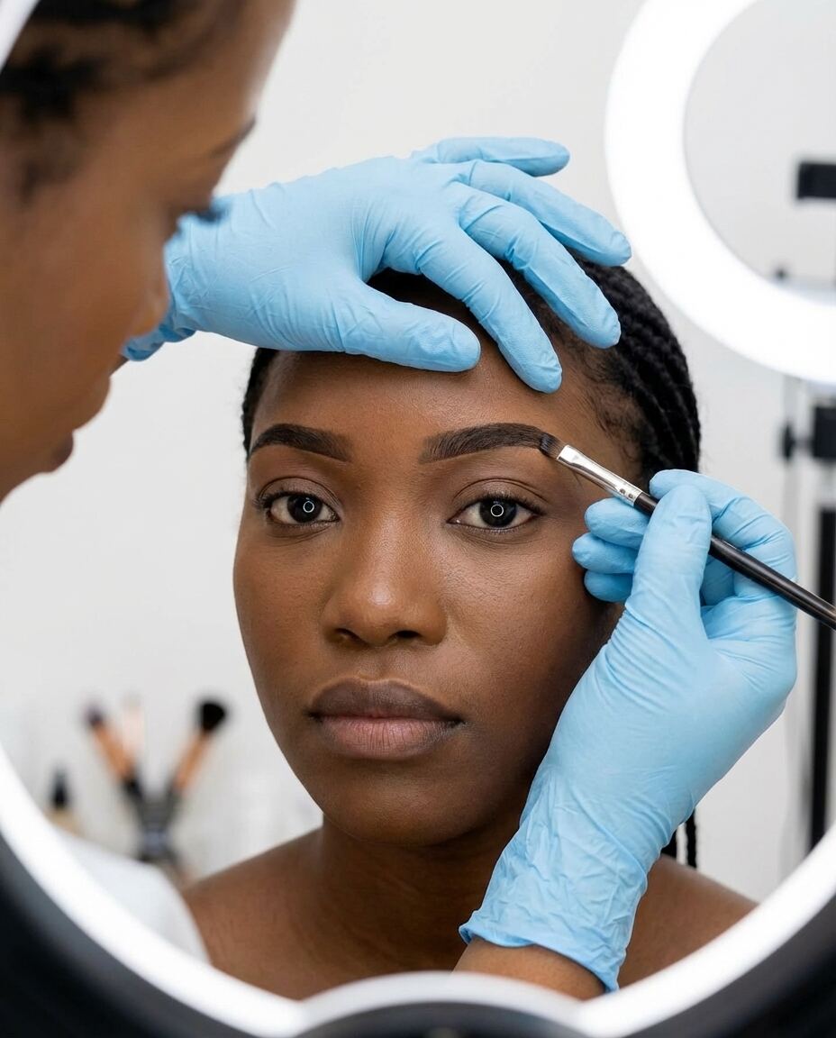 Brow artist shaping and tinting a client's brows with a precision brush under a ring light, She's Confident Kileleshwa, Nairobi