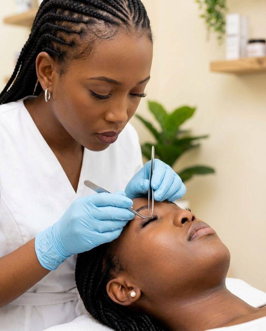 Lash technician placing individual lash extensions with tweezers on a reclined client, She's Confident Upperhill, Nairobi