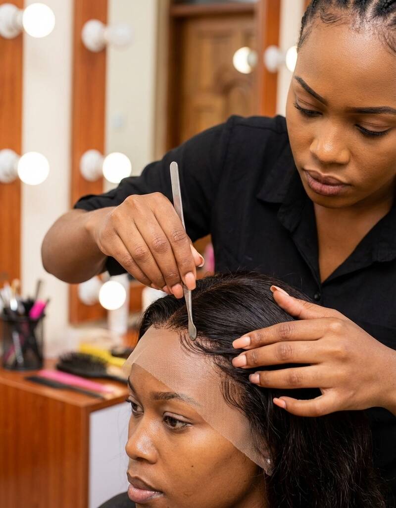 Wig install in progress, lace front melted into a natural hairline at a lit vanity mirror, She's Confident Nairobi